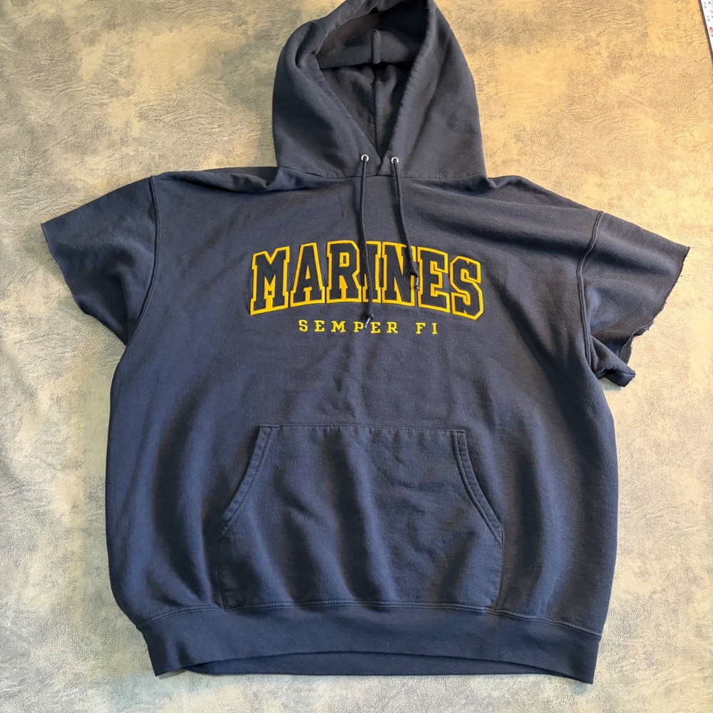 Champion Hoodie Mens XL Navy Black Fade Marines Semper Fi Cut Off Short Sleeve‎